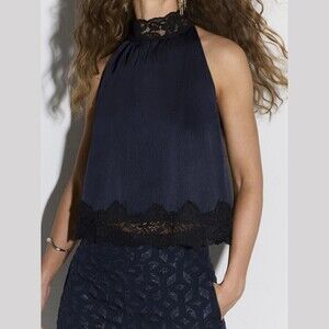 Navy Lace Trim Halter Neck Sleeveless Swing Crinkled Top